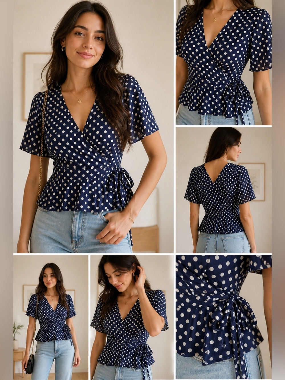 Heirloom Navy Polka Dot Wrap Blouse XS – Peplum Tie Waist Cottagecore Chic